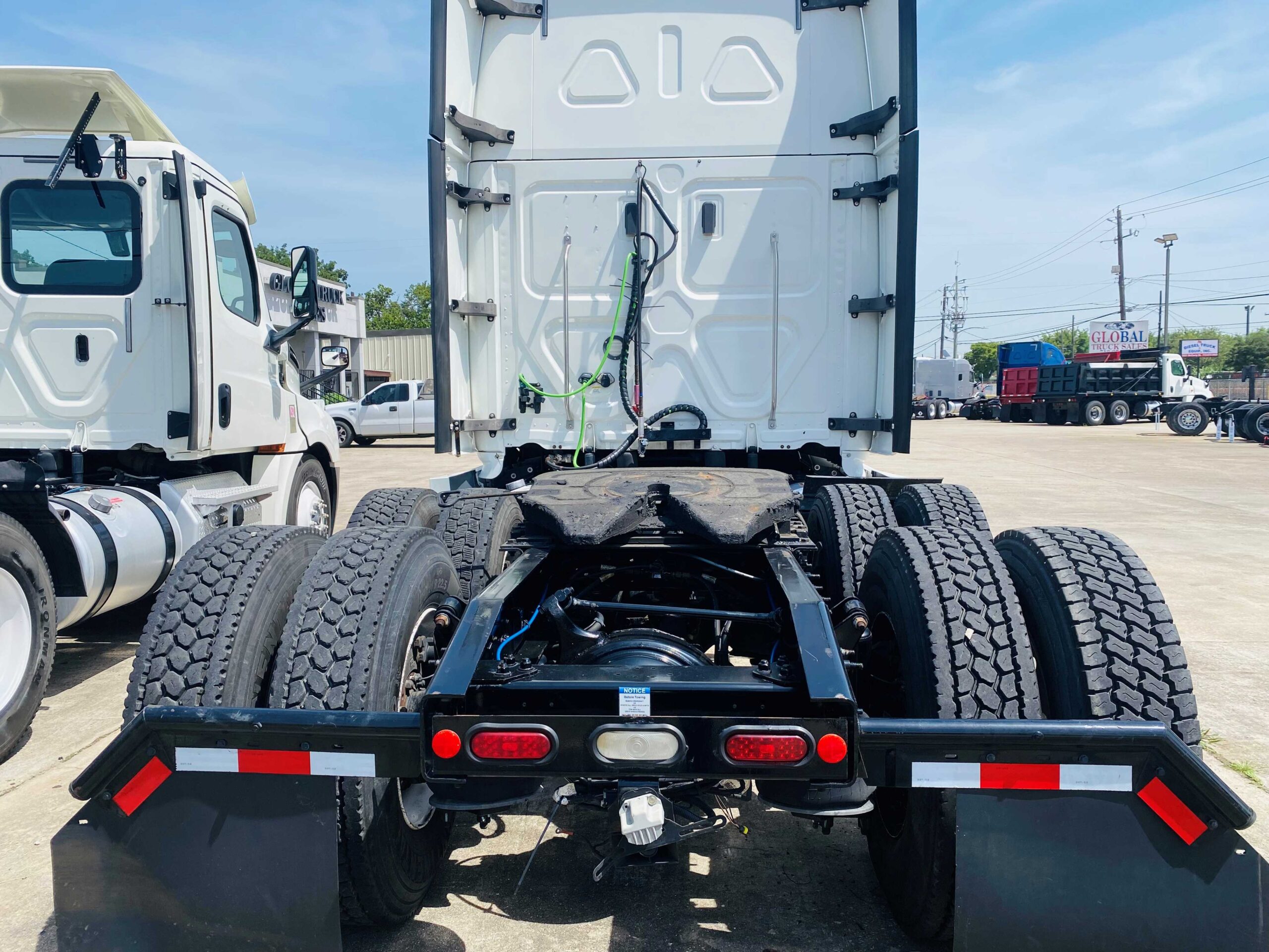 Rear view of parked truck chassis