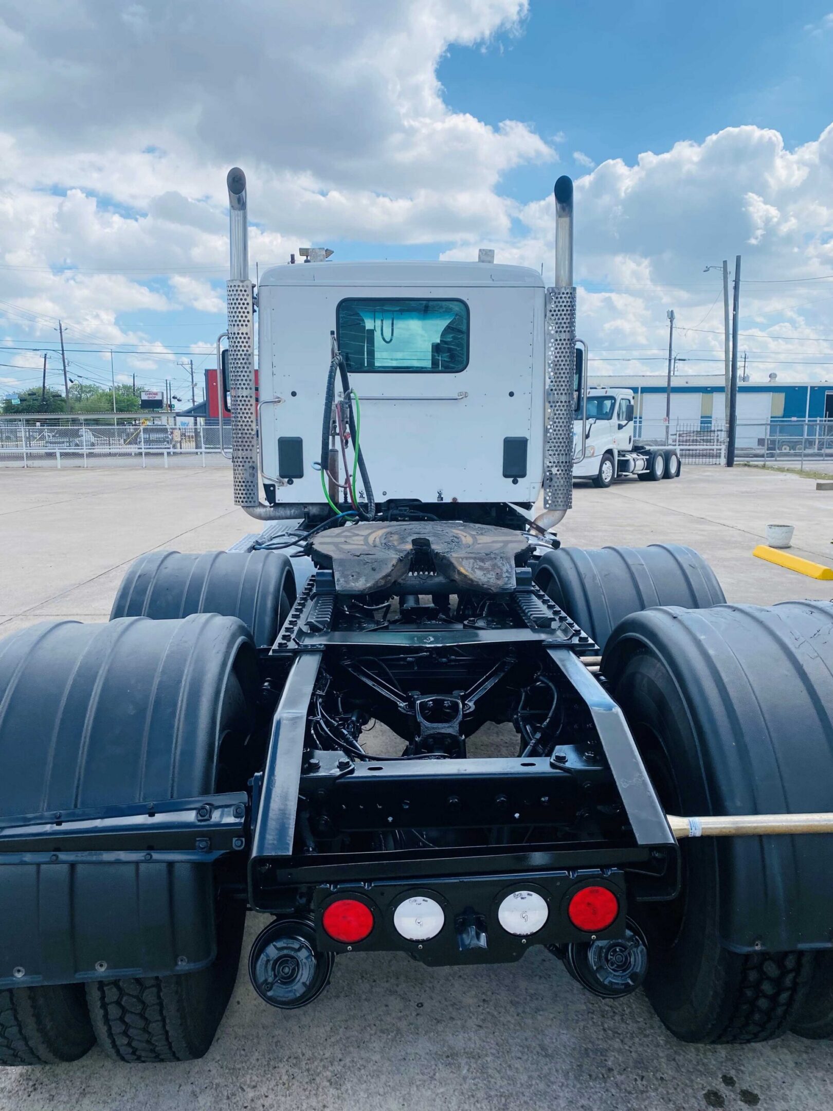 Rear view of semi-truck chassis